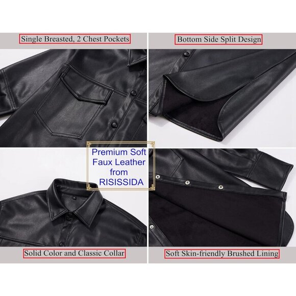 🆕 Women Black Faux Leather Blazer Jackets Spring Fashion Vegan Button Down Coat - Picture 4 of 8